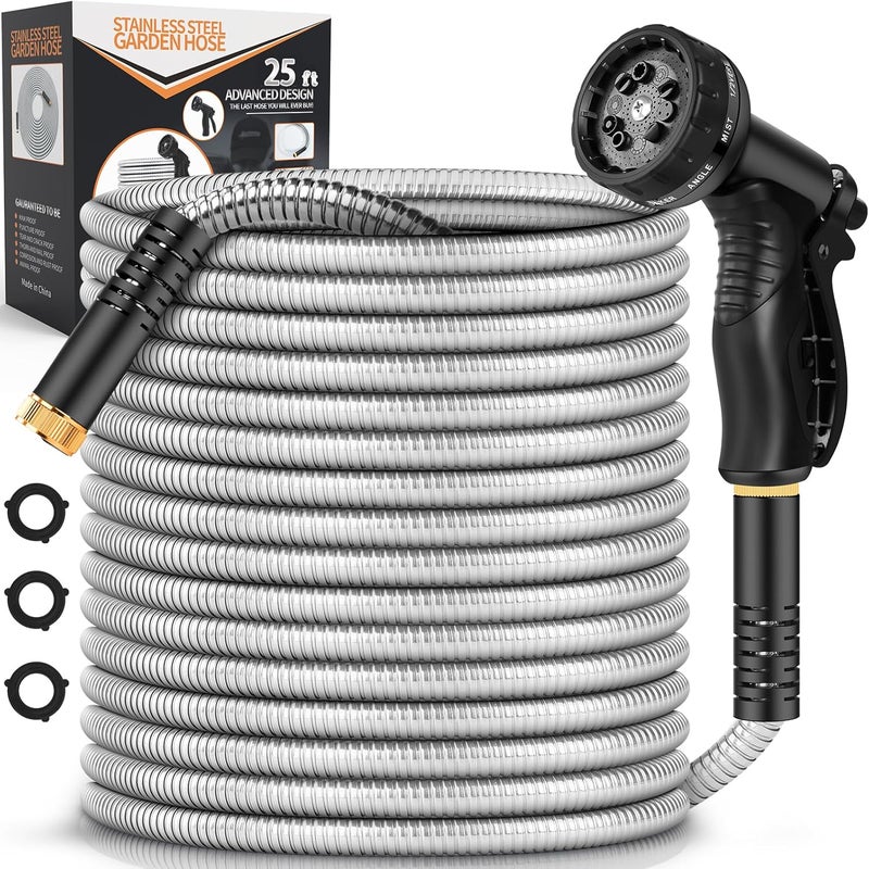 Rcfunkid Garden Hose Metal 25FT, Stainless Steel Heavy Duty Water Hose With 10 Function Nozzle, No-Kink, Tough & Flexible, Sturdy and Lightweight, Rust Proof for Yard, Outdoor, RV - Image 1